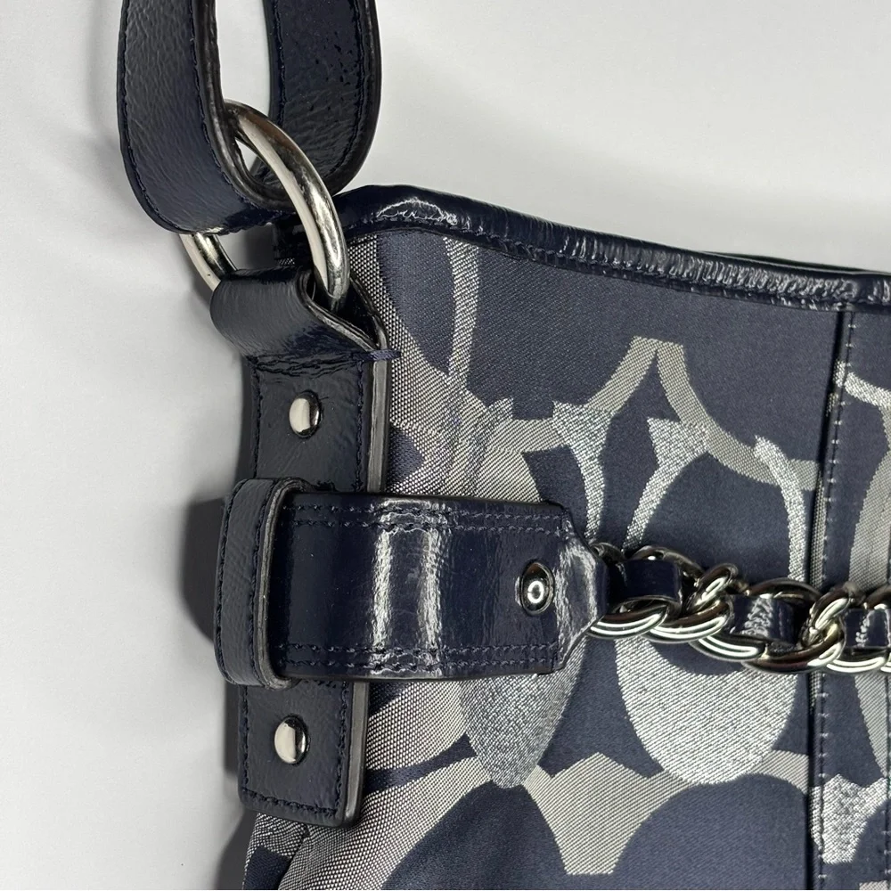 Coach Shoulder Bag Purse Moto Optic Metallic Chain Navy Blue Signature Jaquard